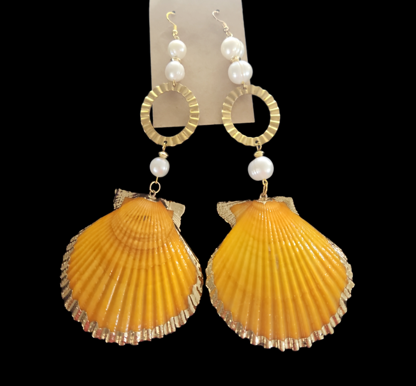 Fresh water pearl and orange shell long earrings