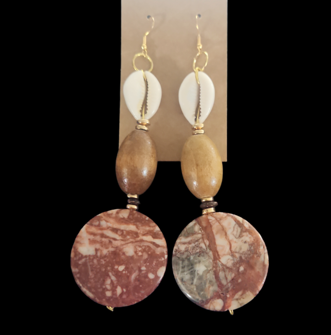 Red web jasper and cowrie shell earrings