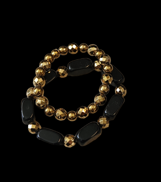 Onyx and gold coated hematite bracelet set