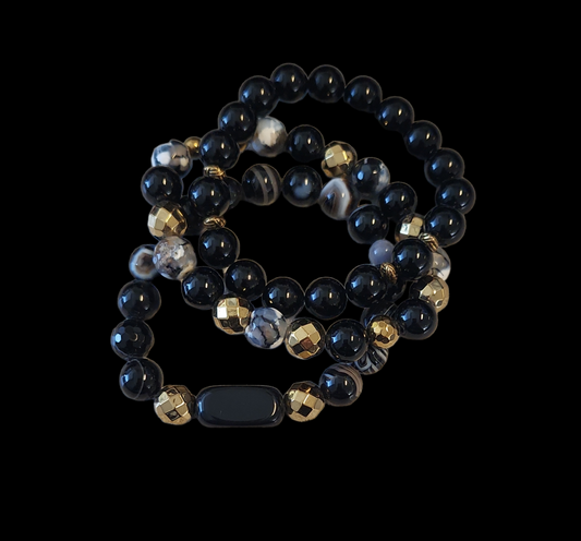 Black Agate & Gold Hematite Bracelet triple stack