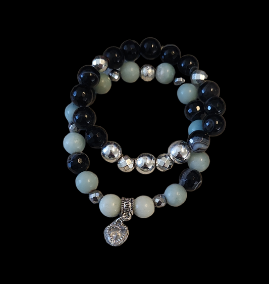 Amazonite and Black agate bracelet set