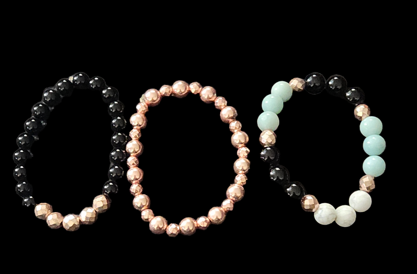 Onyx, Rose gold coated Hematite, Amazonite and White Howlite bracelet stack