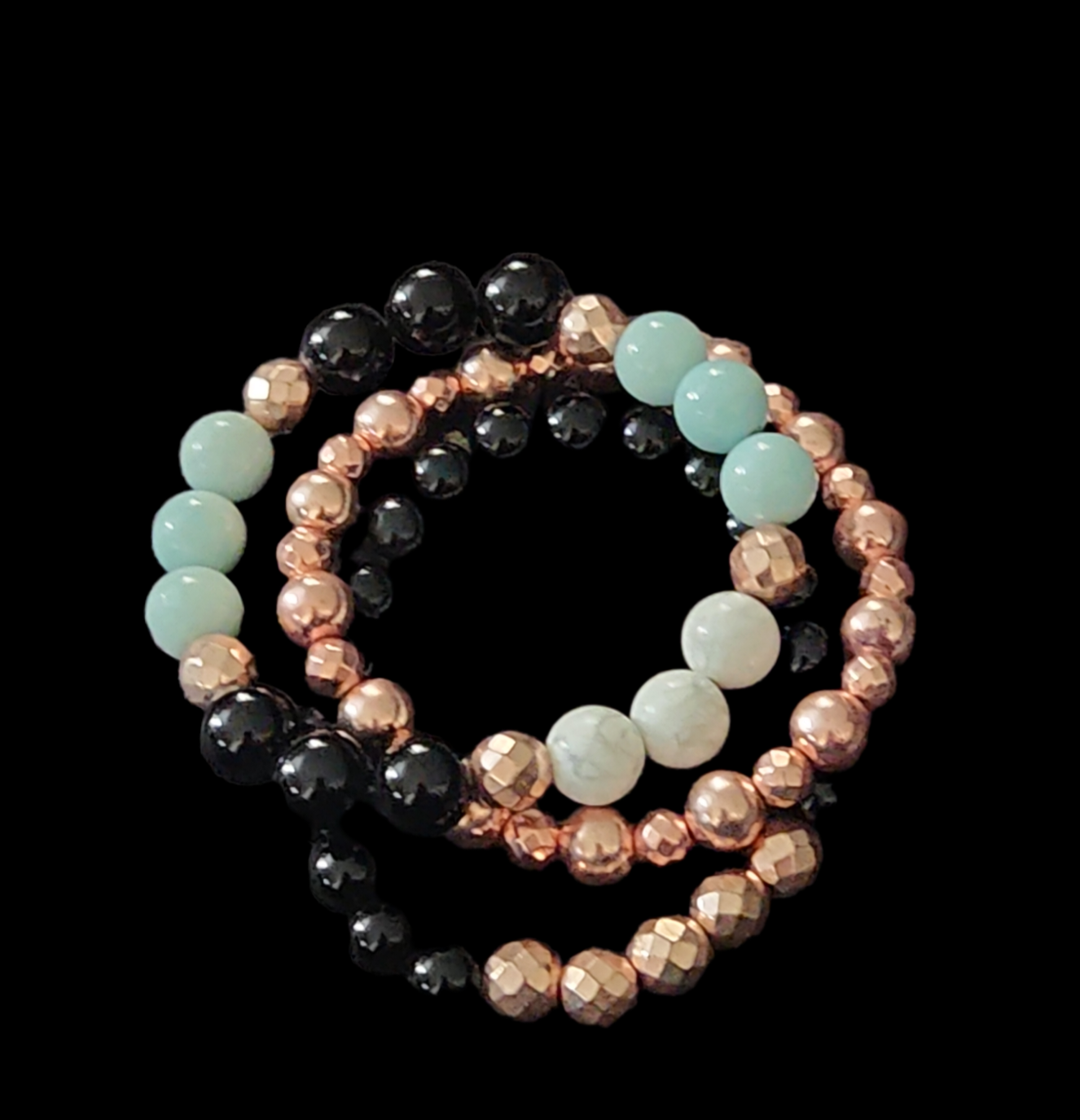 Onyx, Rose gold coated Hematite, Amazonite and White Howlite bracelet stack