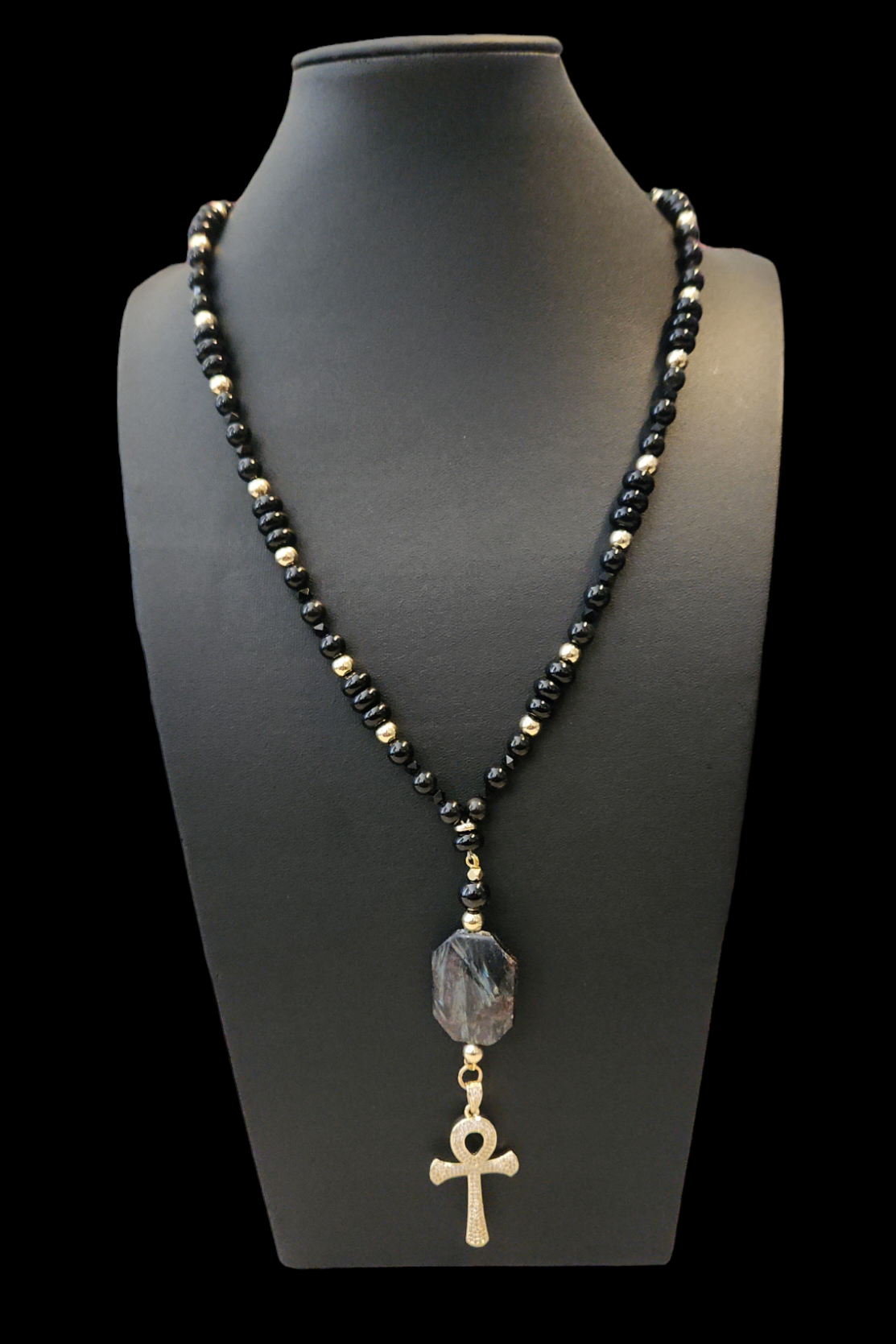 Onyx, Hypersthene, and Ankh Necklace