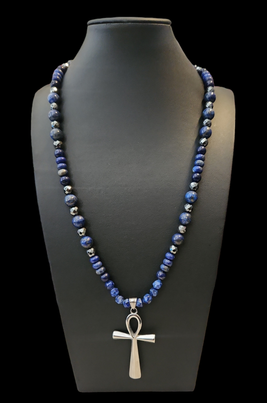 Lapis lazuli and hematite Ankh necklace