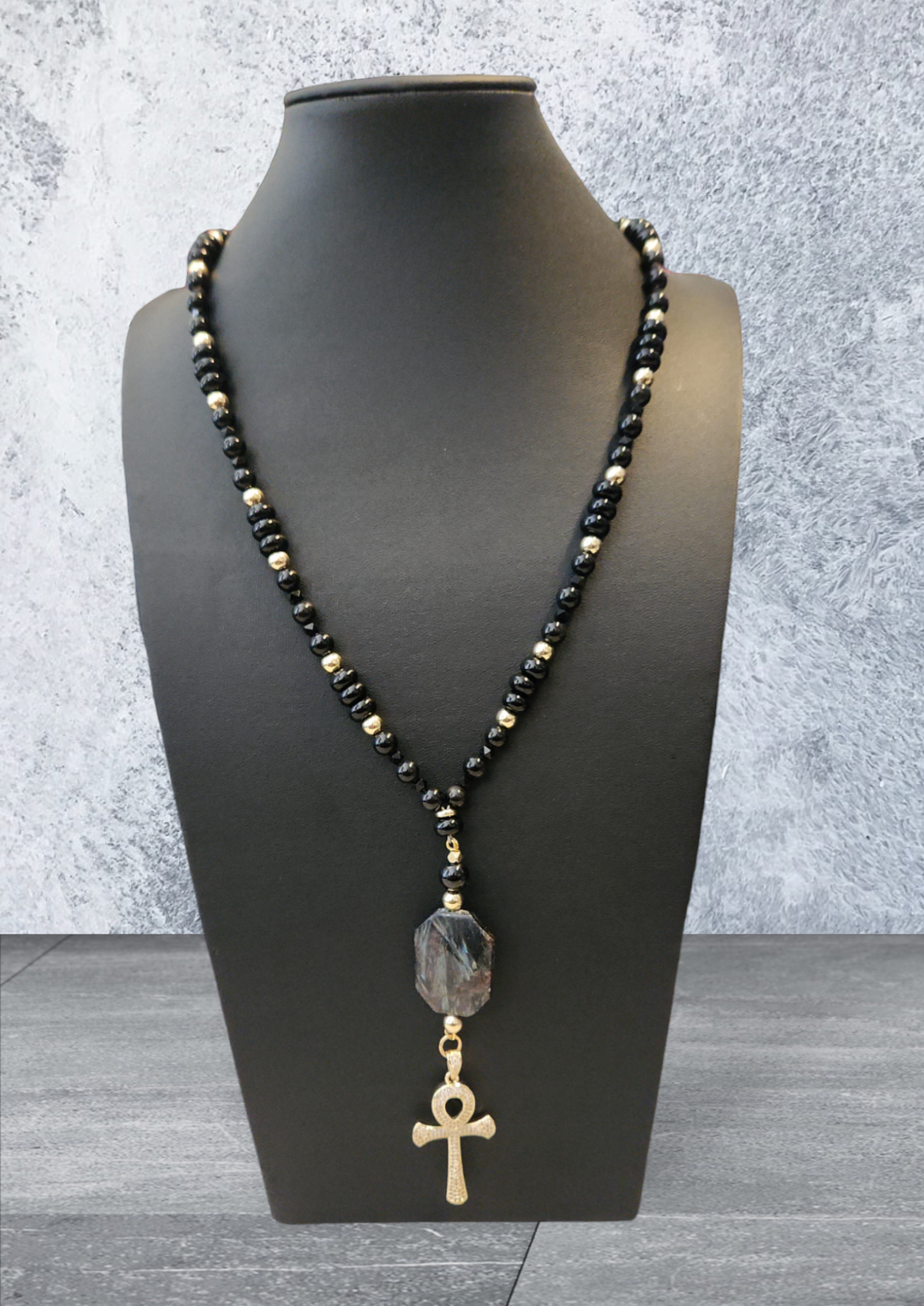 Onyx, Hypersthene, and Ankh Necklace