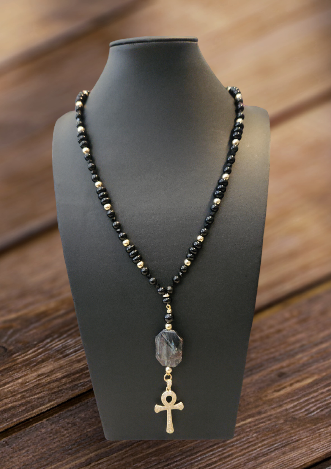 Onyx, Hypersthene, and Ankh Necklace