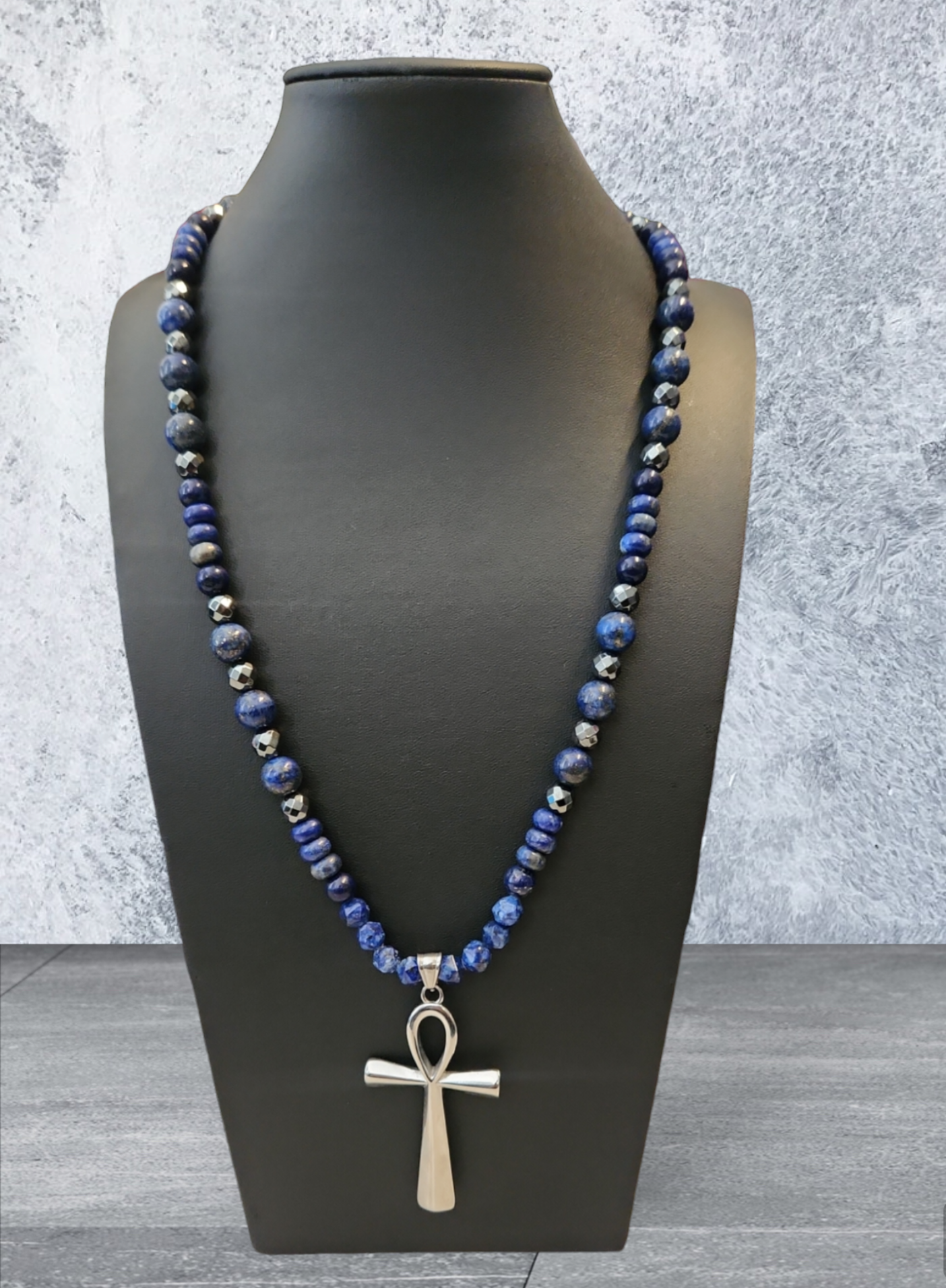 Lapis lazuli and hematite Ankh necklace