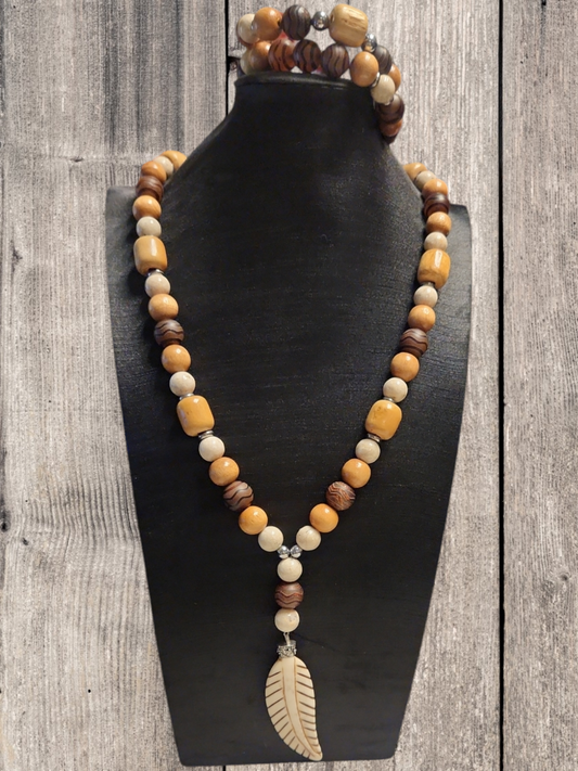 Tibetan Agate, River stone & wood necklace set
