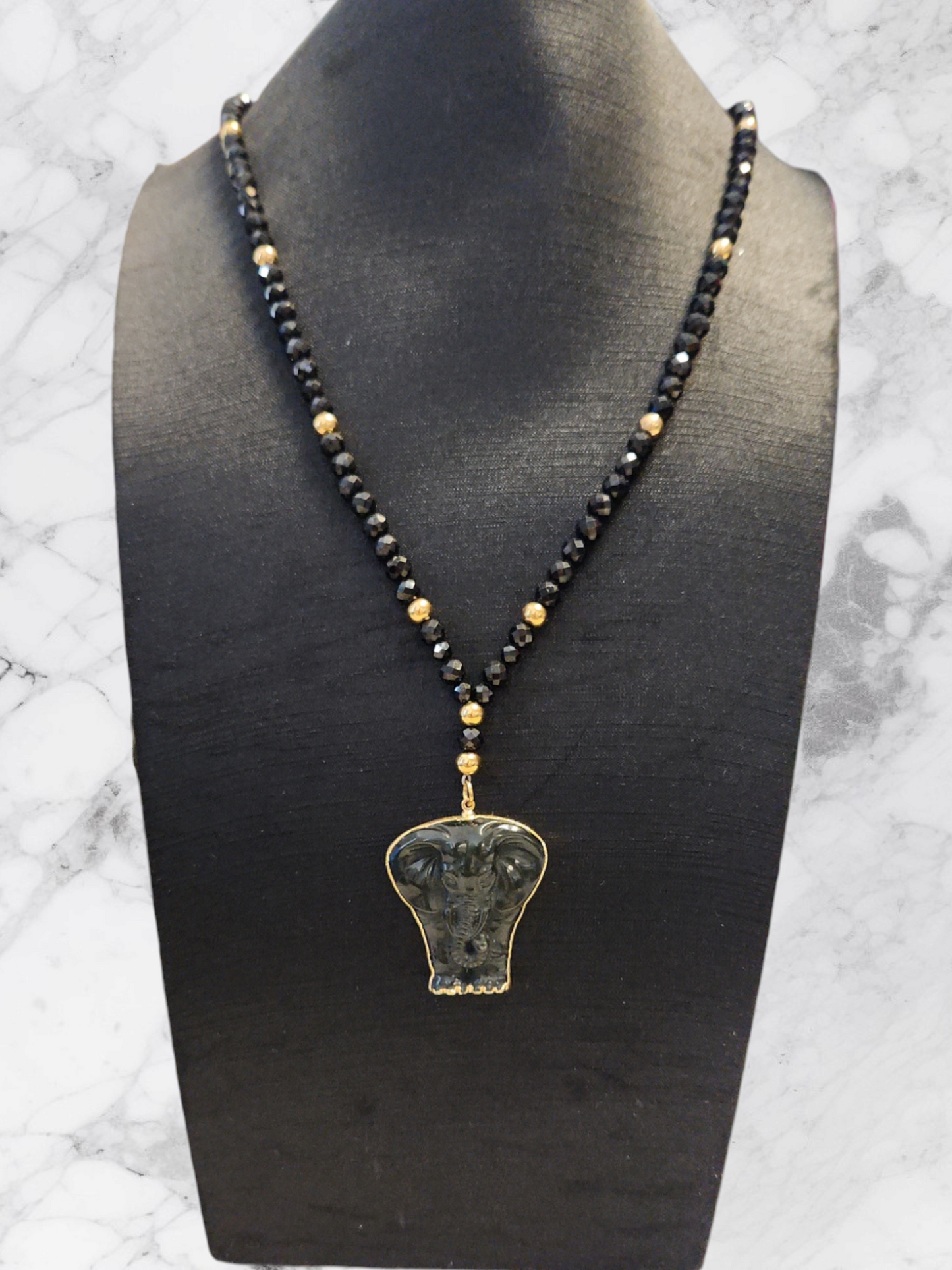 Black Spinel & Obsidian Elephant "Y" Necklace