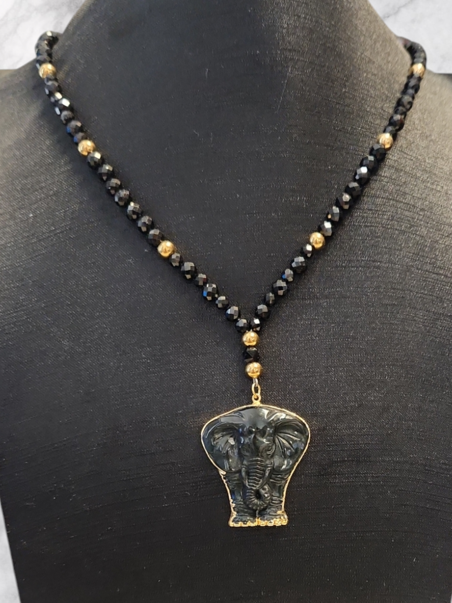 Black Spinel & Obsidian Elephant "Y" Necklace