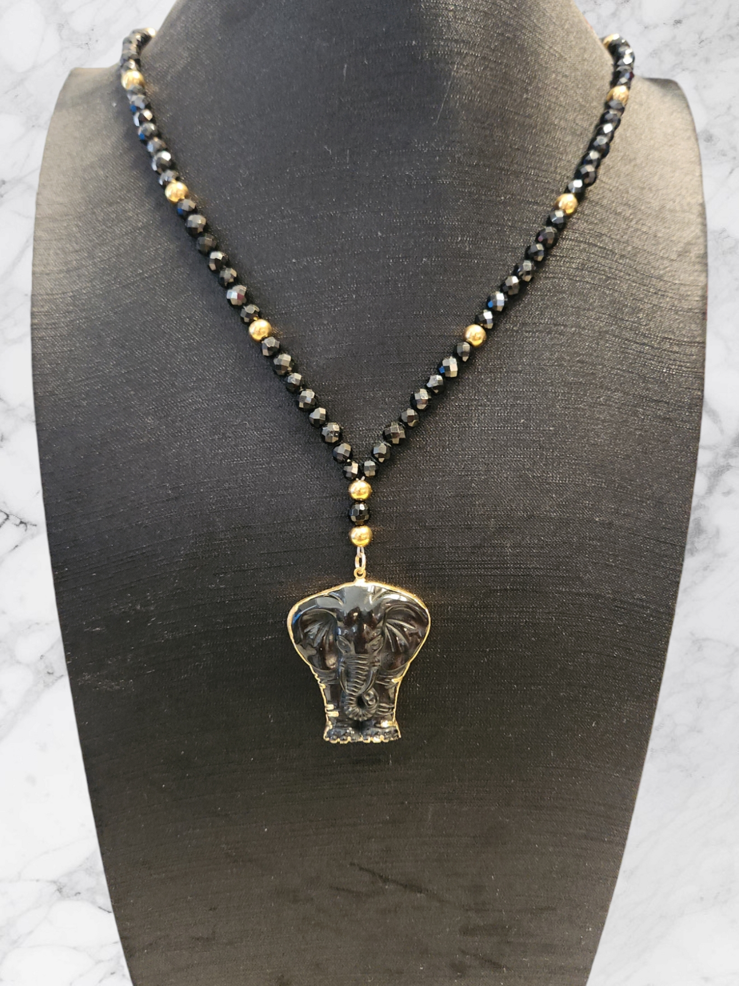 Black Spinel & Obsidian Elephant "Y" Necklace