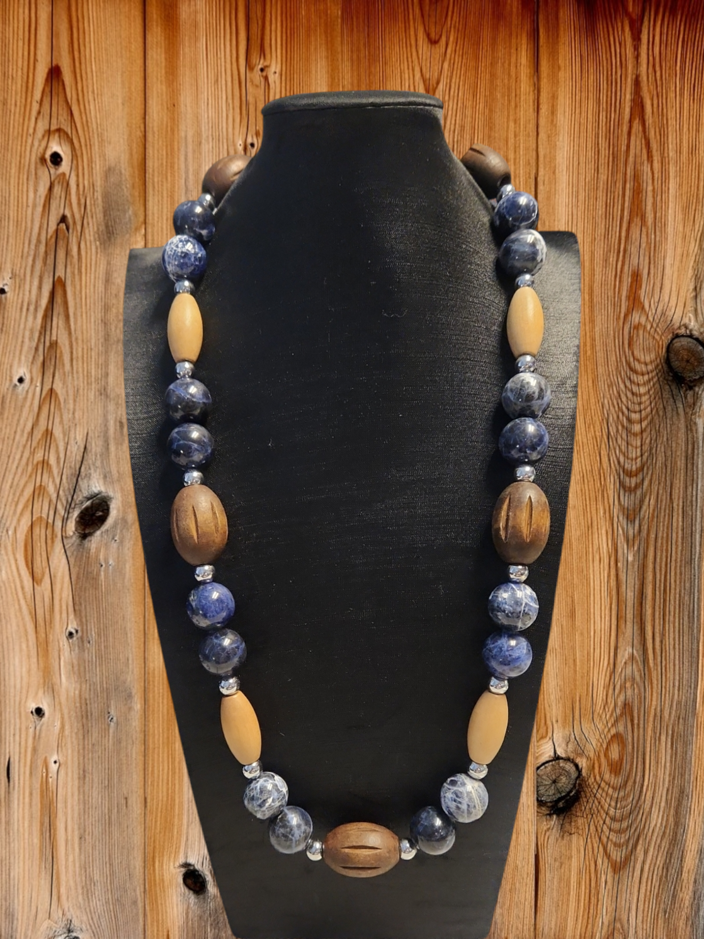 Sodalite, wood and Hematite Necklace