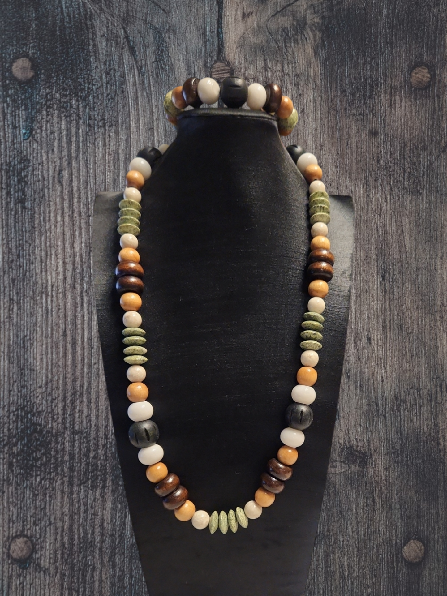 Serpentine, River Rock and wood Necklace set