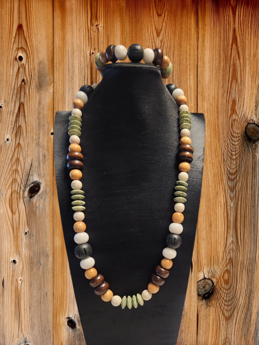 Serpentine, River Rock and wood Necklace set