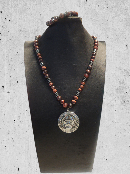 Red Tiger's eye & Hematite Lion's head Necklace set