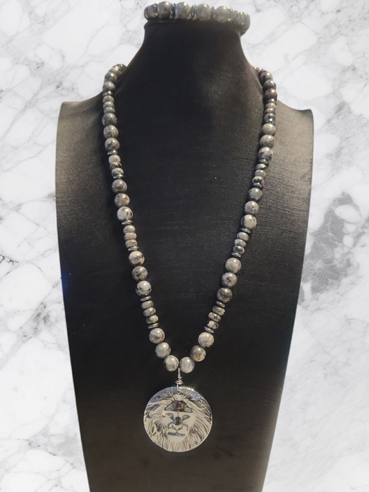Larvikite Hematite Lion Head Necklace set