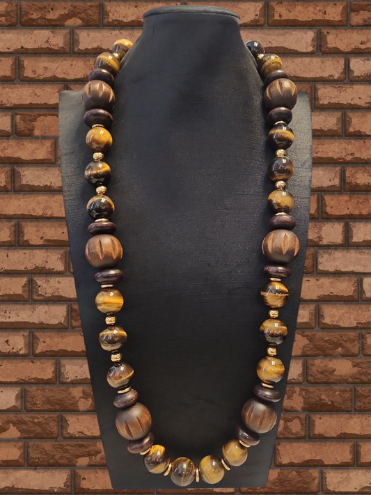 Large Tiger's eye and wood statement necklace