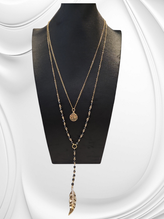 Black Spinel- Long "Y" double chain feather necklace