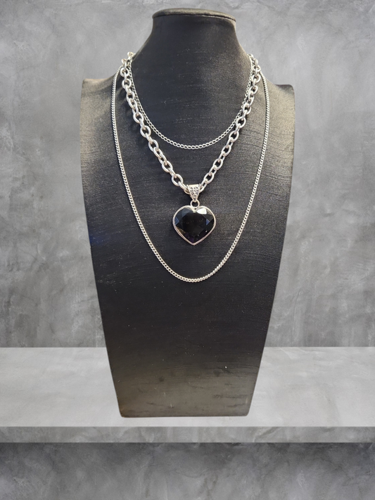 Heart Shaped Onyx 3 Chain Necklace